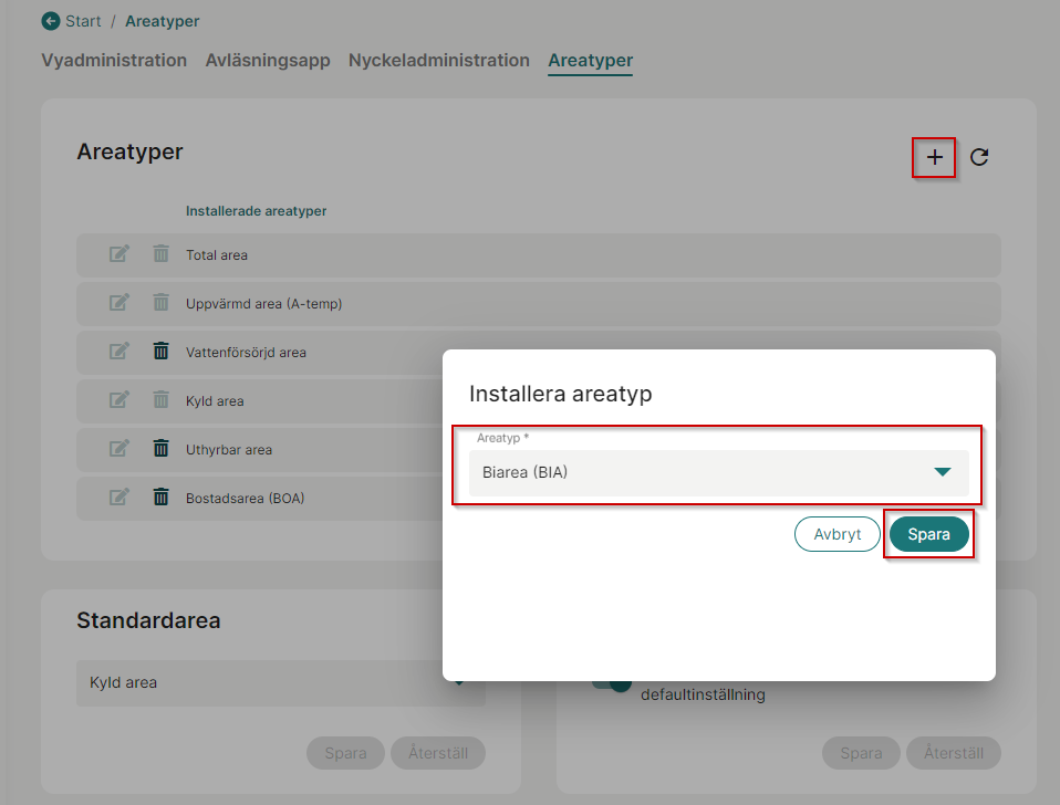 Installera areatyp