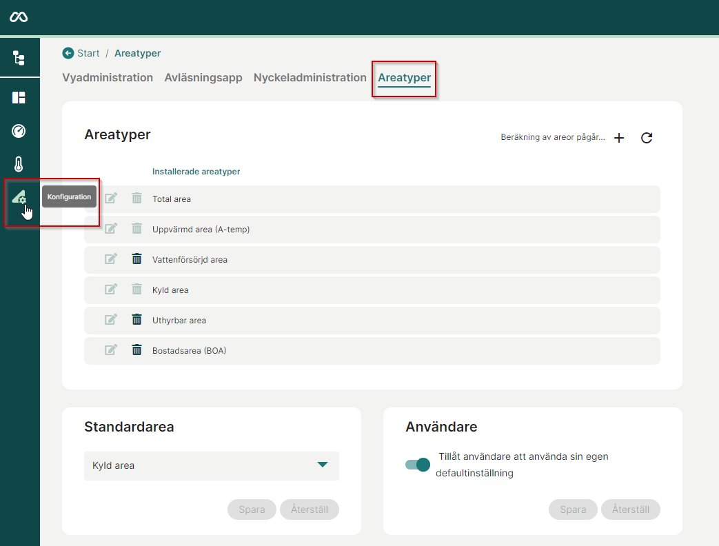 Gå til konfiguration Areatyper